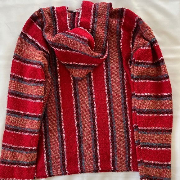 Vintage Mexican Baja Blanket Drug Rug Hoodie Red Blue Surfer Skater Poncho S M - Picture 11 of 11